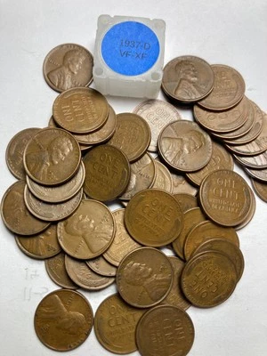 1937-D LINCOLN WHEAT CENT PENNY ROLL, HIGH GRADE, 50 COINS, ALL COINS VF-XF - Image 1 of 4