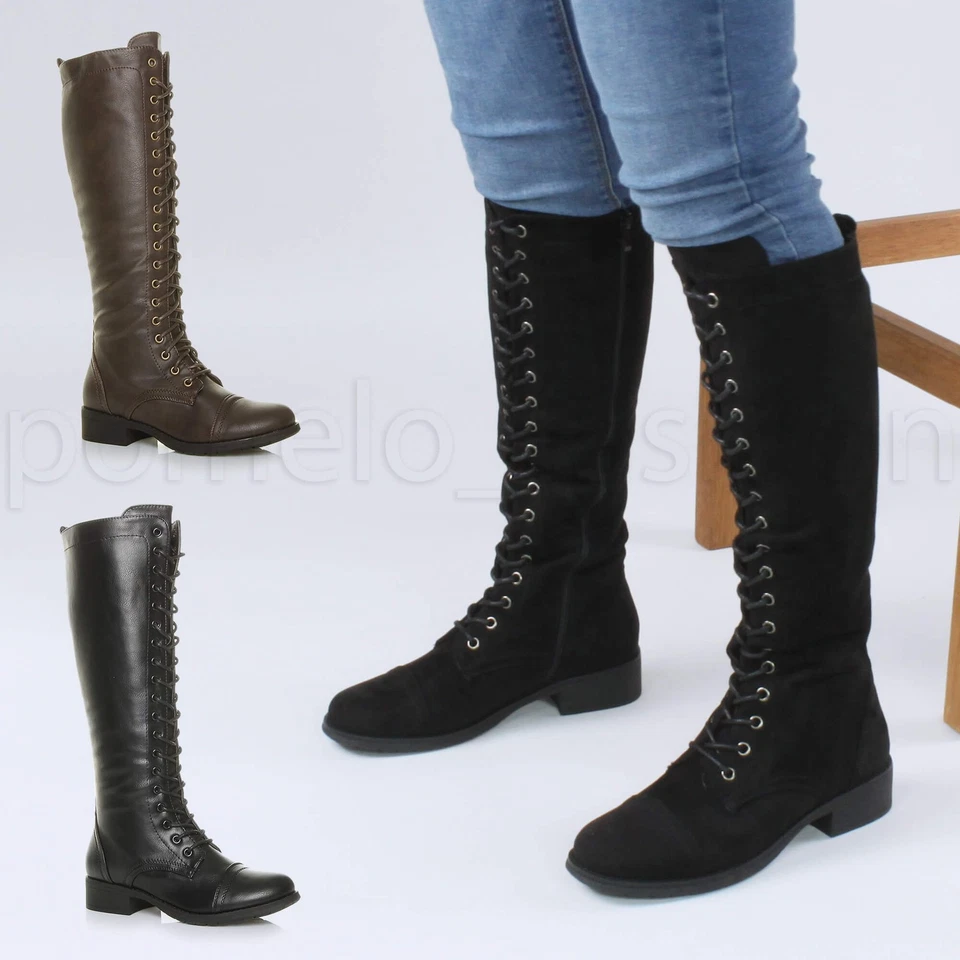 AJVANI WOMENS LACE UP ZIP MILITARY BIKER GOTH PUNK COMBAT LONG KNEE HIGH BOOTS SIZE