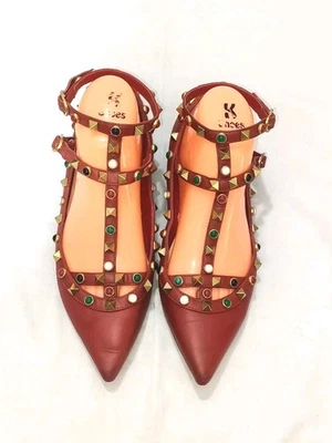 VALENTINO RED LEATHER MULTICOLOR ROCKSTUD BALLET FLAT PUMPS SIZE, EU37, US6.5, - Image 1 of 4