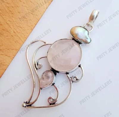 Rose Quartz With Biwa Pearl Dendrite Opal Moonstone Handmade Large Pendant - Image 1 of 4