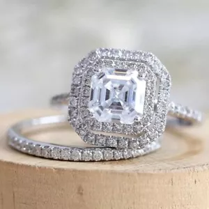 2.50 CT Asscher Cut Moissanite Bridal Set Engagement Ring Solid 14k White Gold - Picture 1 of 5