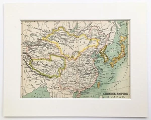 China, Japan & Korea c.1900 Antique Small Map by Bartholomew - Mounted Matted - Picture 1 of 1