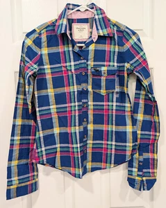 NWT Abercrombie & Fitch Plaid Button Down Flannel Blue Pink Shirt Women Girls XS - Picture 1 of 3