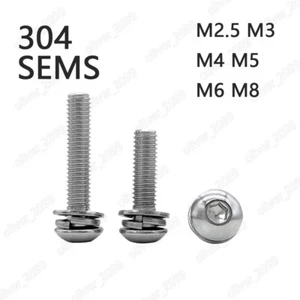 304 Stainless Steel Hex Socket Bolts Button Head SEMS Screws Flat Spring Washers - Picture 1 of 6