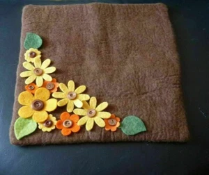 Wool Pillow Cover with wool flowers, 14" x 14",100% wool, brown, Felt, Handmade - Picture 1 of 5