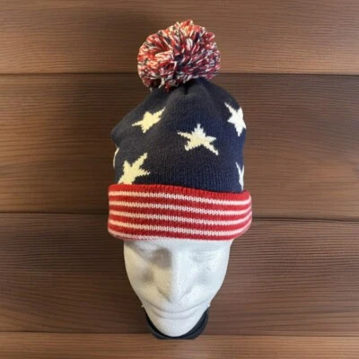 Antiguo Gorro Azul Marino Y2K Rojo Blanco Azul Estrellas y Rayas Patriótico Pom Pom Bandera Foto 1 de 4