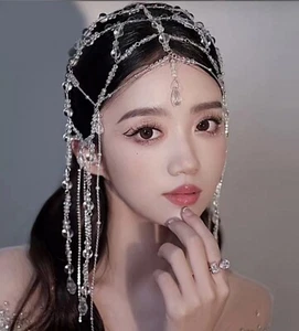 Women BOHO Party Clear Crystal Hair forehead chain head band Headband headpiece - Picture 1 of 13