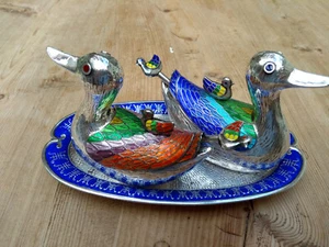 Cloisonne Emaille Enten Paar, zusätzliche Mini Enten, 99 Silber, Süd-Korea - Bild 1 von 24