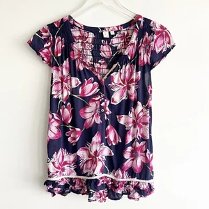 Anthropologie Eloise Size XS Top Floral Smocked Cap Sleeve Button Ruffle Blouse - Picture 1 of 8