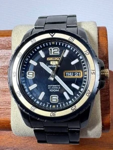 Seiko 5 Sports Black Gold Dial Automatic Watch Japan Made 37mm Elegant Style - Picture 1 of 5