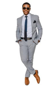 Slim Fit 2 Button Mens Suit Silver Windowpane Plaid Notch Lapel 16308 AZARMAN - Picture 1 of 6