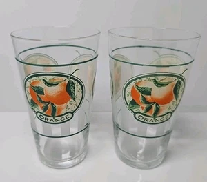 16 Oz. Libbey Glass Tumbler Orange Fruit Graphics Striped Vintage - Set Of 2 - Picture 1 of 2