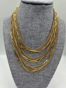 Vintage Layered Multi Strand Gold Tone Chain & Marquise Link Necklace JAPAN - Picture 1 of 7