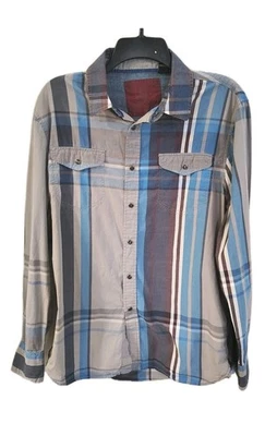 Indigo Star 男式蓝色格子衬衫休闲纽扣长袖编织 M 码 — 第 1/4 张图片