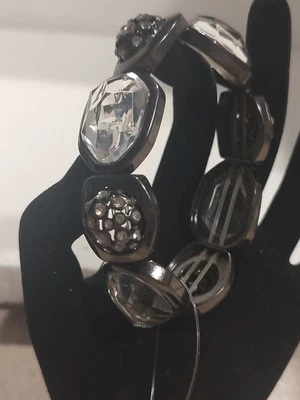 Chicos Shiny Black + Gray Stretch Bracelet Great for all Occasions Faceted Clear - Image 1 of 4