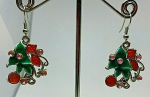 Vintage Silver Metal Green Enamel Pink Crystal Long Drop Dangle Earrings 1980' - Picture 1 of 4