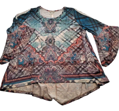 One World Boho Bell Sleeve Top Teal Paisley Geometric 2X Crochet Gypsy Festival - Image 1 of 4