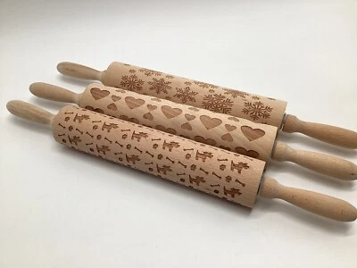 Engraved Wooden Rolling Pin Lot Dog Snowflake Heart Pastry Embossing Tool Cookie - Image 1 of 4