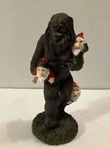 Whimsical Bigfoot Carrying Gnomes Garden Statue Yeti Sculpture Figurine Art 7” - Picture 1 of 10