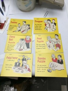 1950S ADAMS Display card Set gags tricks 6 cards with Sambo Puzzle Dipsy Ball 