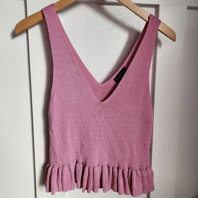 Camiseta sin mangas Topshop para mujer rosa tejida cuello en V profundo recortada con volantes peplum talla US 8 Foto 1 de 4