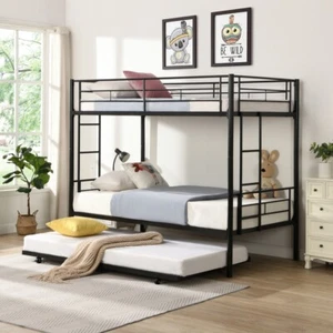 Bunk Bed Frame Metal Twin Over Twin Beds with Trundle Ladder Guardrail US Stock - Picture 1 of 17