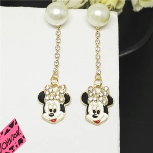 New White Enamel Mickey Mouse Pearl Crystal Fashion Women Stand Earring Gifts - Picture 1 of 4