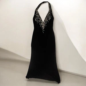 Vintage Mystique langes formelles schwarzes elegantes Perlen Neckholder Kleid schwarze Krawatte Abschlussball Gr. 12 - Bild 1 von 24