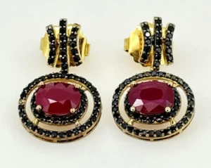 Ruby & Black Onyx Yellow Gold Over Sterling Silver 925 Dangle Drop Earrings 1" - Picture 1 of 12