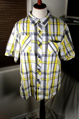 Ocean Current 男式衬衫大号 Snap 灰色黄色格子口袋 2012 — 第 1/4 张图片