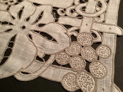 Set 4-Antique Vintage Embr Richelieu Ecru Runner Madeira Napkins Leaves & Grapes - Image 1 of 4