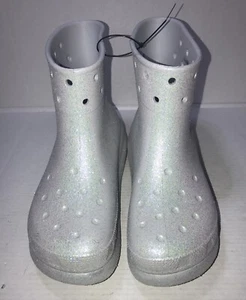 Crocs Iconic Glitter Crush Comfort Rain Boots Pearl Silver Glitter Sz M12 Pride - Picture 1 of 9
