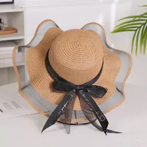 Cappello visiera tesa larga elegante pieghevole spiaggia sole berretto donna estivo fiocco rete paglia - Foto 1 di 15