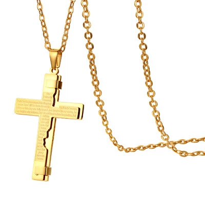 Collar Colgante Biblia Cruz Jesucristo Acero Inoxidable Señores Oración Hombres Cadena Foto 1 de 4
