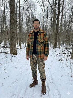 Woolrich Mackinaw Plaid Wool Coat 38 Tan Green Red 60-70s Vintage Workwear READ - Image 1 of 4