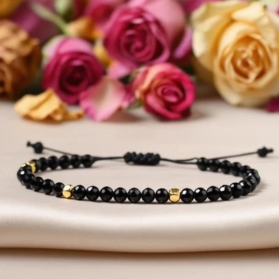 Pulsera delicada de amuleto de reiki curativo con cuentas de obsidiana negra natural de 4 mm hecha a mano Foto 1 de 4