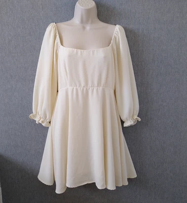 Forever 21 Mini Dress Smocked Back Cream Off-White L Square Neck Puff Sleeve - Image 1 of 4