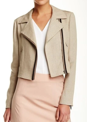 Theory Crop 100% Linen Sanda Moto Biker Blazer Jacket Asymmetrical Tan Sz Small - Image 1 of 4