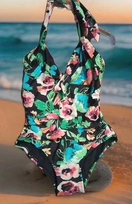 Catalina black floral Halter tie one piece swim bathing suit Womens size L 12-14 - Image 1 of 4