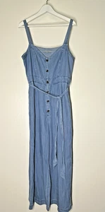 LOFT Plus Linen Romper Size 14 Wide Leg Overalls Blue Buttons Pockets Belt - Picture 1 of 5
