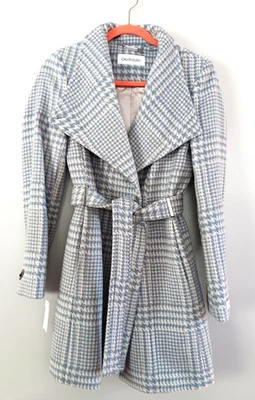 Abrigo para mujer Calvin Klein mezcla de lana con cinturón azul y blanco en XS - Nuevo Foto 1 de 4