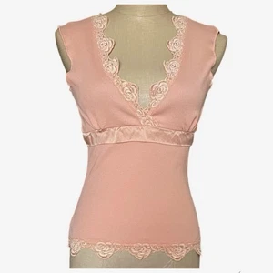 Top Babydoll Vintage Y2K Sin Mangas Satén Encaje Ribete Cintura Imperio Rosa Talla Pequeña - Imagen 1 de 7
