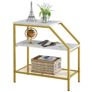 End Table 3 Tiers White Marble Wood Nightstand with Storage Ladder Shelf Sofa... - Picture 1 of 9