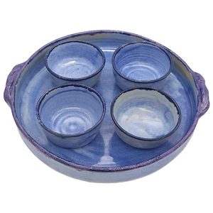 Studio Pottery Stoneware Serving Bowls Set Dessert, Dips, Blue Glazed 5 Piece - Picture 1 of 15