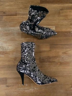 VALENTINO Liquid Metal Glow black & silver sequin ankle sock style boots 8 38 - Image 1 of 4