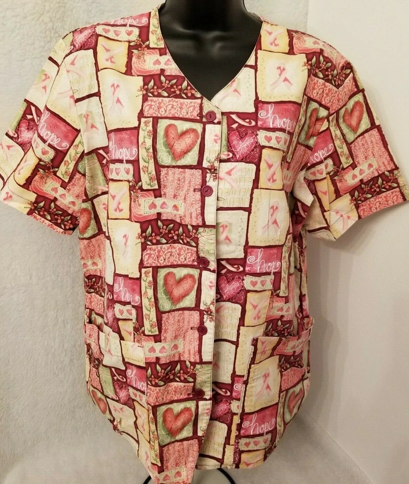 Peaches Womens Scrub Shirt Size M L XL Medium Large Cancer Ribbon Hearts Floral - Image 1 of 4