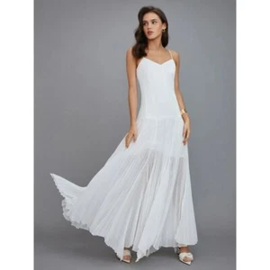 Commense Pleated Flowing Spaghetti Strap Wedding Beach Elegant White Maxi Dress - Picture 1 of 6