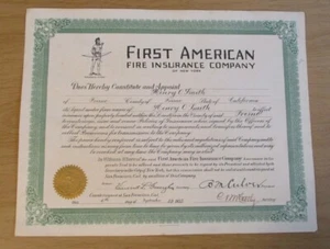Certificado de agente de seguro contra incendios First American Fire Insurance 1935 de colección ~ FRESNO COUNTY ~ California ~ - Imagen 1 de 8