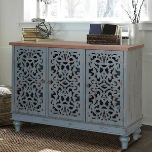 Storage Cabinet Buffet Sideboard with Door Hollow Carved Distressed Cabinet - Picture 1 of 9