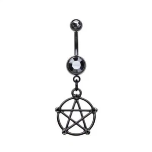Surgical Steel Belly Button Ring 14 Gauge With Black Gem & Pentacle - Picture 1 of 7